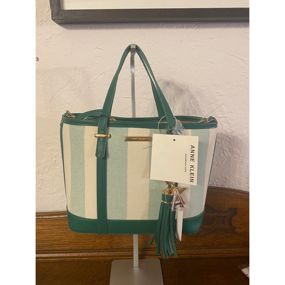 Anne Klein Wynn Green Striped Tote Bag with Pouch and Crossbody Strap NEW - Picture 2 of 13